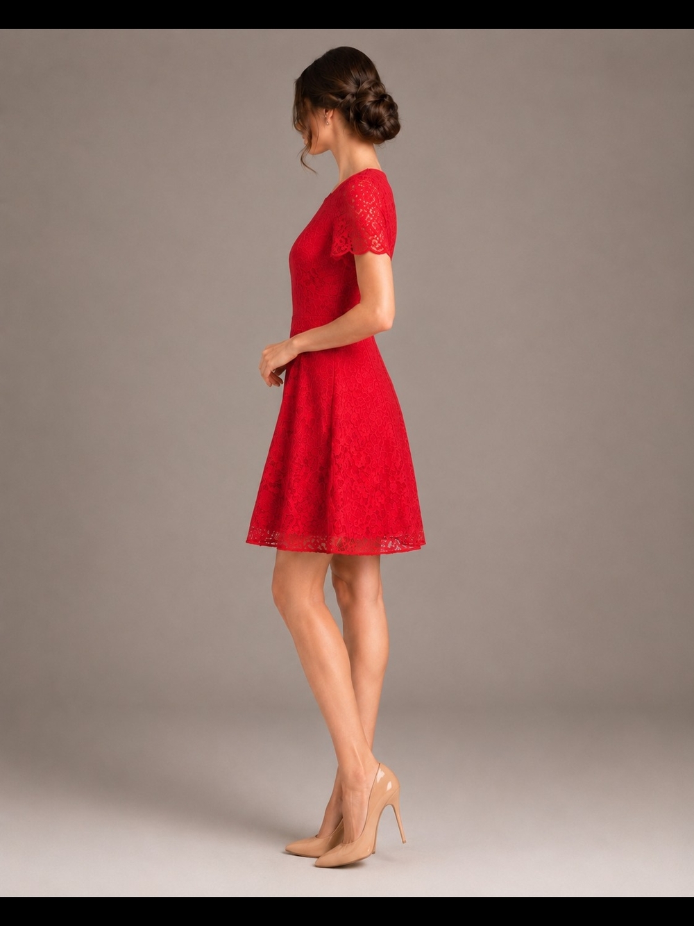 J. Crew Womens Red Lace Short Sleeve Fit-and-Flare Formal Mini Dress Size 6 - Picture 3 of 9